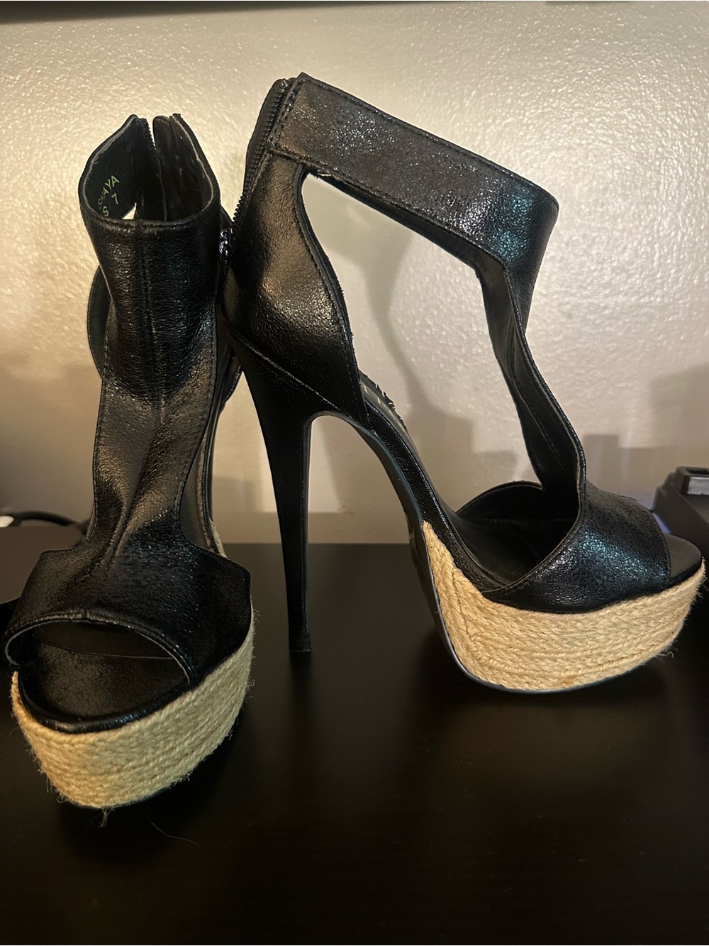 Paper Fox Black Platform Stiletto Sandals with Rope-Wrapped Platform